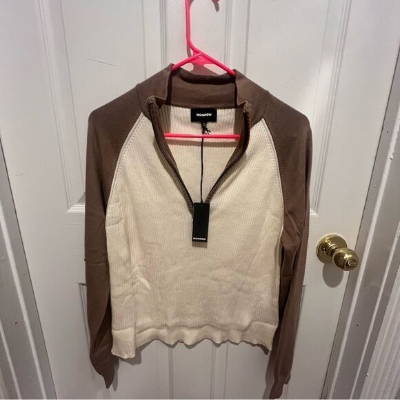Nwt womens Monrow color block Reglan half zip sweater size xl cream and‎ brown - Picture 13 of 13